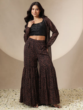 Women Black Sequin Crop Top With Leopard Sharara & Shrug