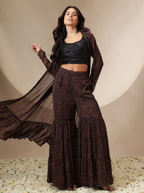 Black Sequin Crop Top With Leopard Sharara & Shrug-Shae by SASSAFRAS