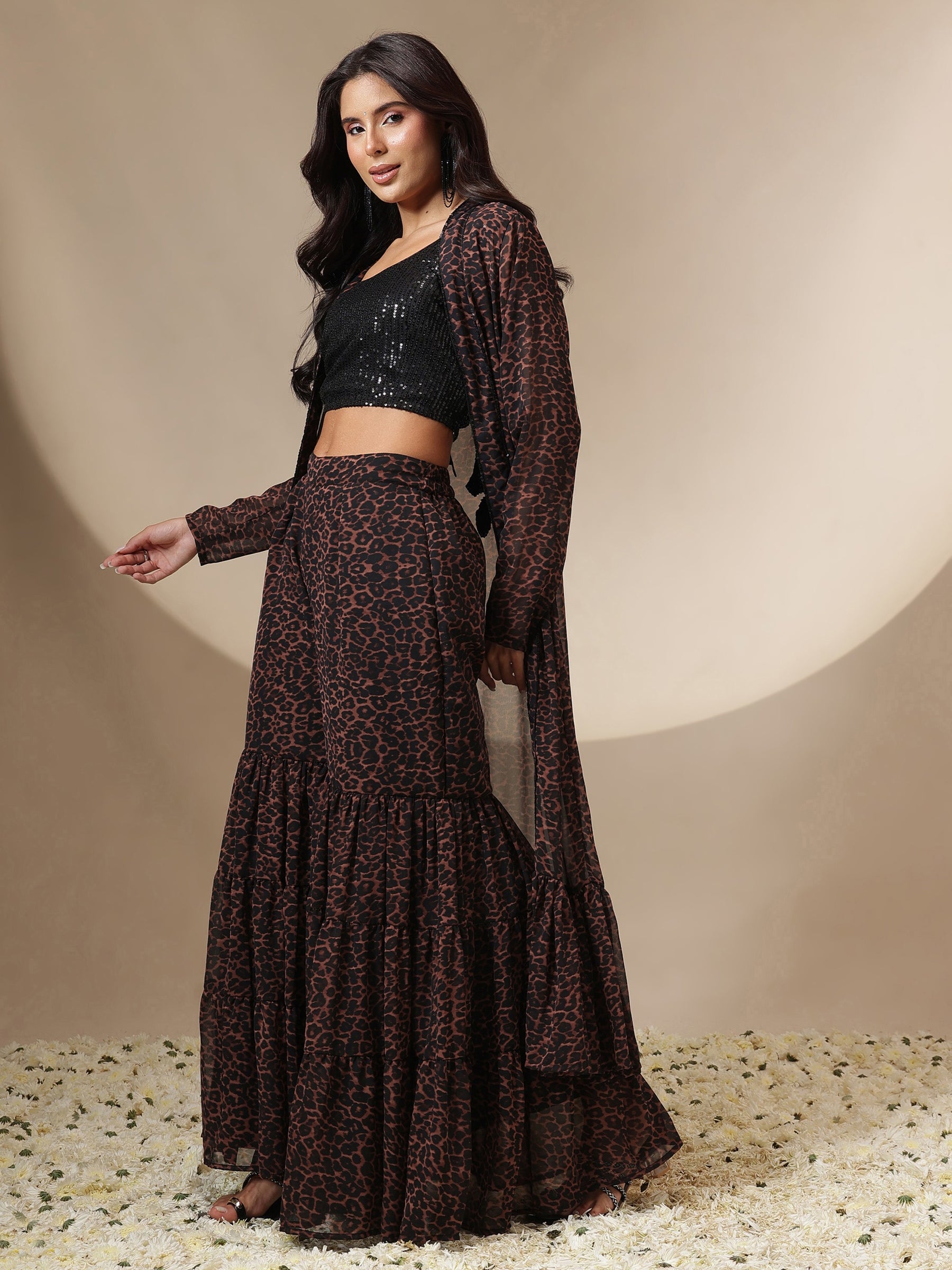 Black Sequin Crop Top With Leopard Sharara & Shrug-Shae by SASSAFRAS
