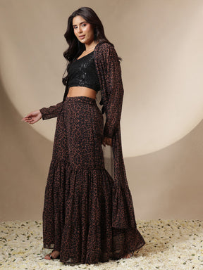 Black Sequin Crop Top With Leopard Sharara & Shrug-Shae by SASSAFRAS