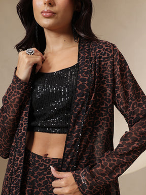 Black Sequin Crop Top With Leopard Sharara & Shrug-Shae by SASSAFRAS