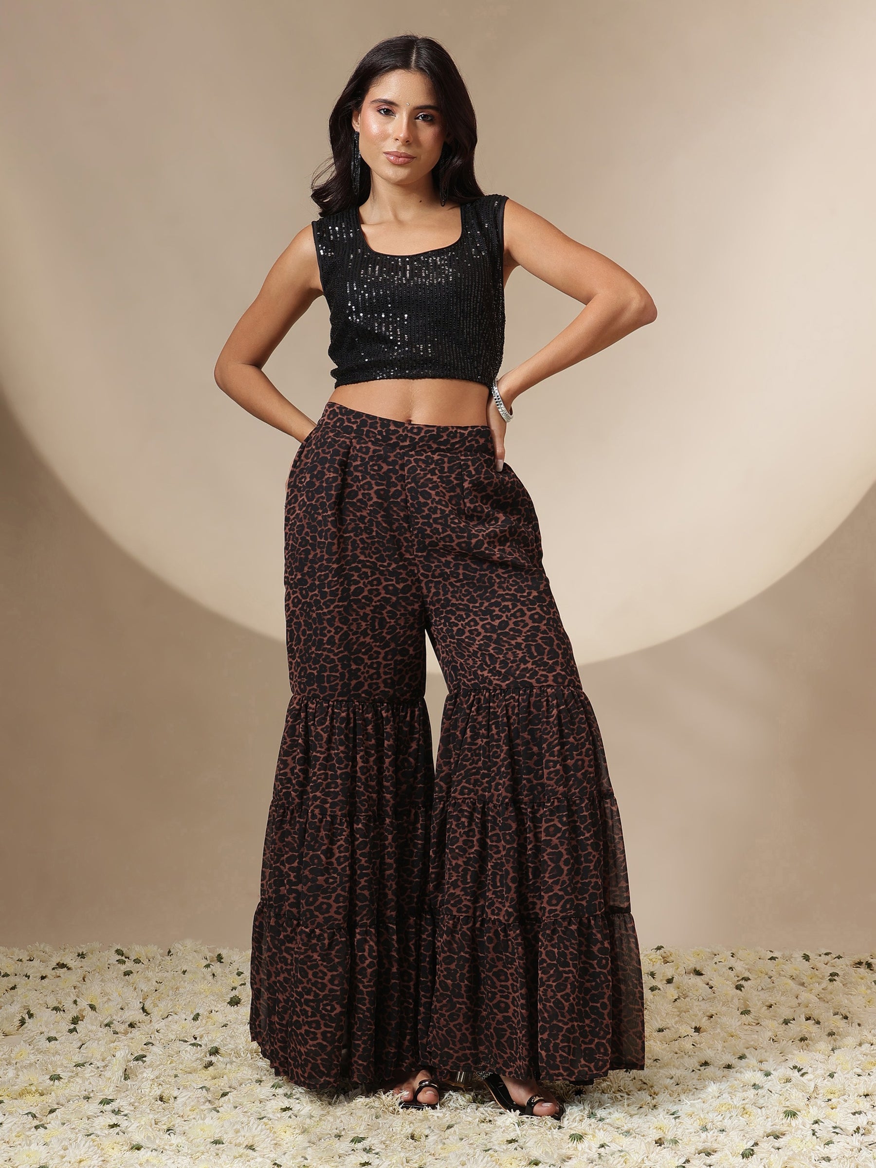 Black Sequin Crop Top With Leopard Sharara & Shrug-Shae by SASSAFRAS