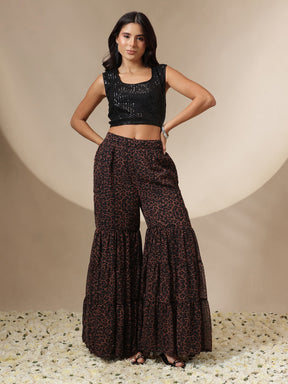 Black Sequin Crop Top With Leopard Sharara & Shrug-Shae by SASSAFRAS