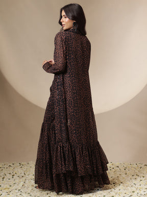 Women Black Sequin Crop Top With Leopard Sharara & Shrug