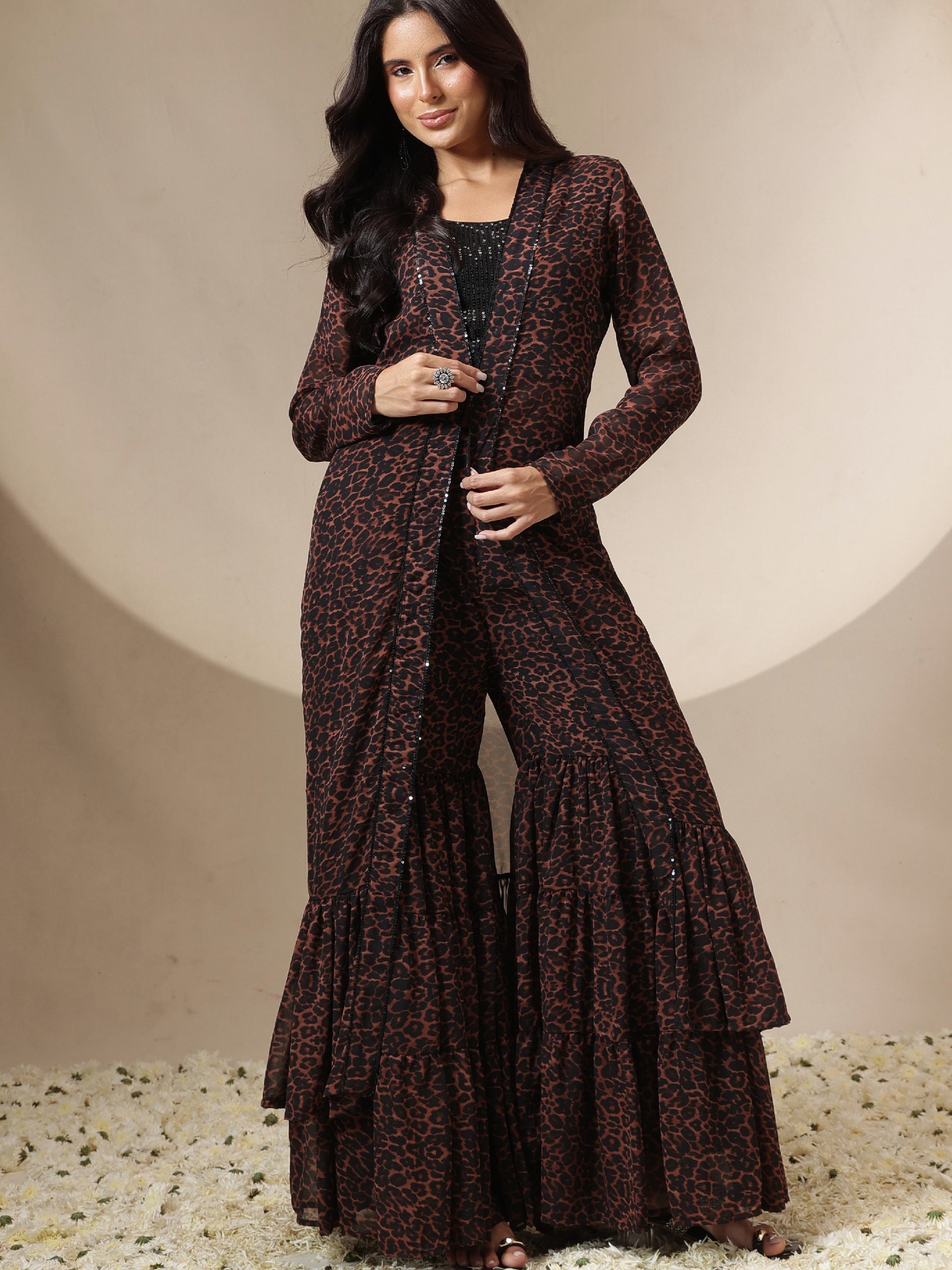 Women Black Sequin Crop Top With Leopard Sharara & Shrug