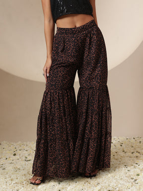 Women Black Sequin Crop Top With Leopard Sharara & Shrug