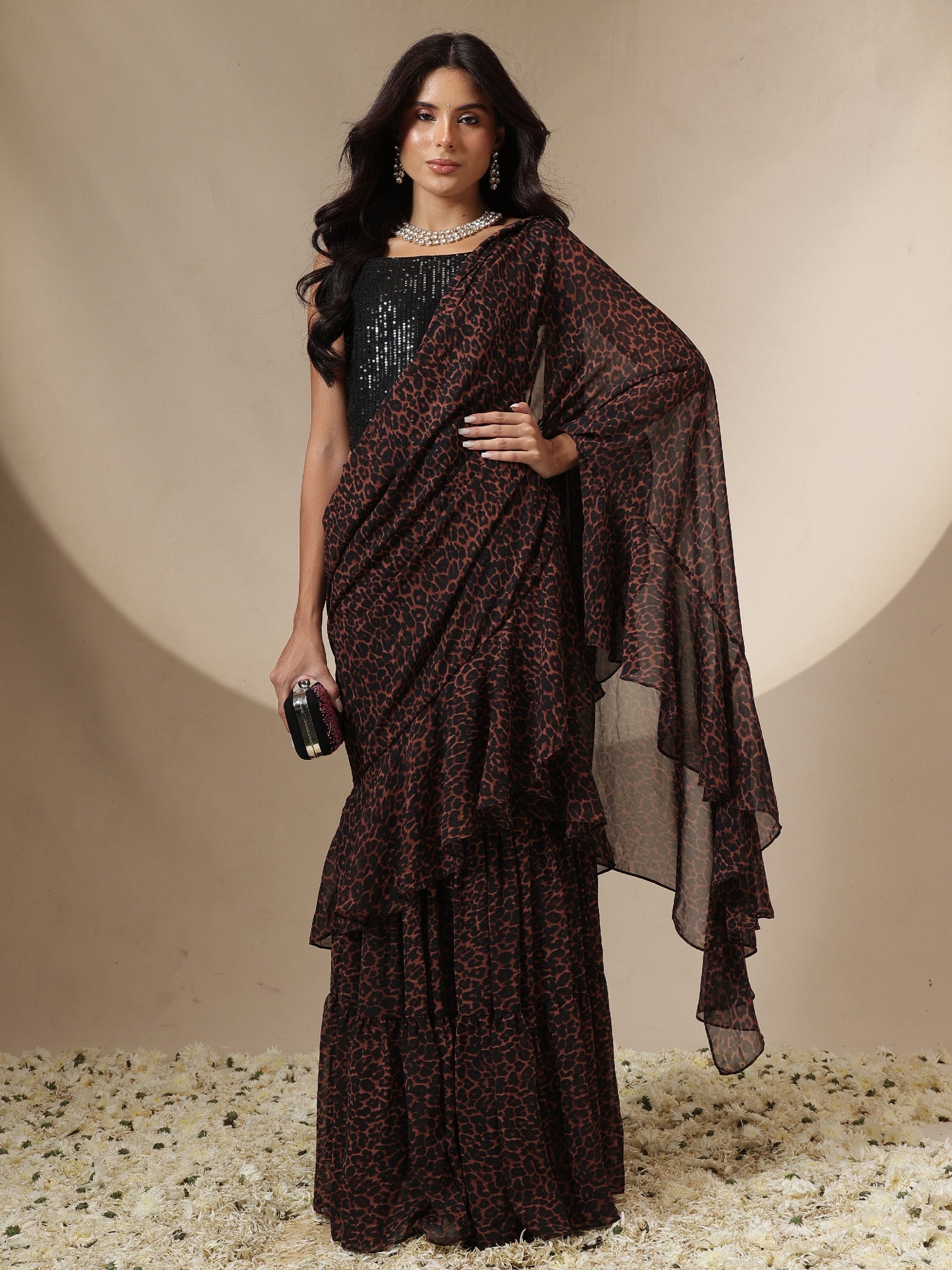 Black Sequin Corset Top With Drape Flared Skirt-Shae by SASSAFRAS