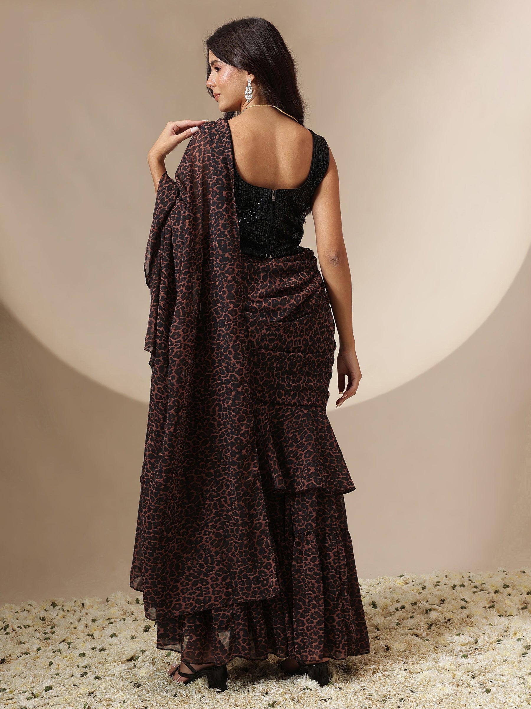 Women Black Sequin Corset Top With Drape Flared Skirt