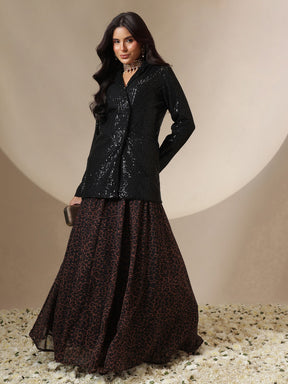 Black Sequin Blazer With Anarkali Skirt-Shae by SASSAFRAS