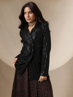 Black Sequin Blazer With Anarkali Skirt-Shae by SASSAFRAS