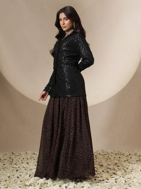 Black Sequin Blazer With Anarkali Skirt-Shae by SASSAFRAS