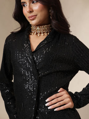 Black Sequin Blazer With Anarkali Skirt-Shae by SASSAFRAS