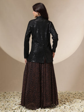 Women Black Sequin Blazer With Anarkali Skirt