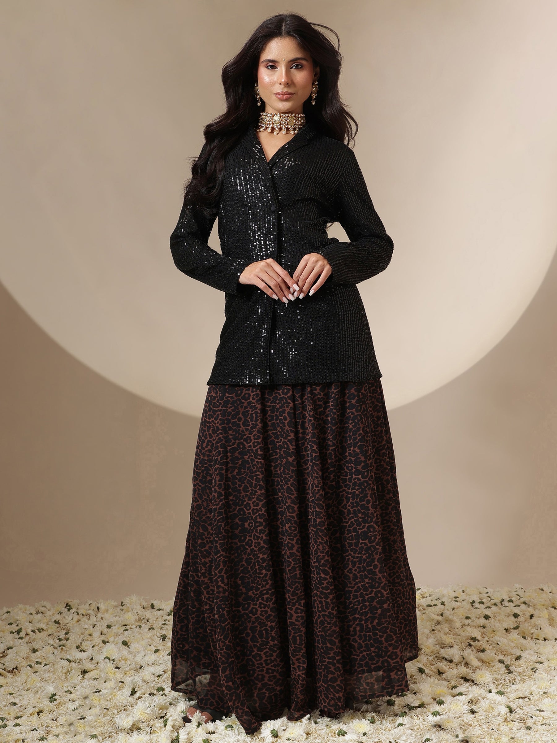 Women Black Sequin Blazer With Anarkali Skirt