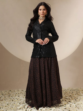 Women Black Sequin Blazer With Anarkali Skirt