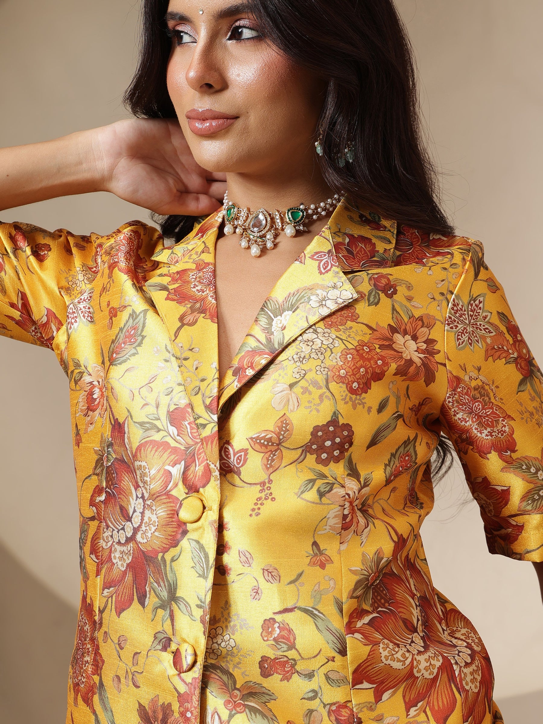 Yellow Floral Blazer With Straight Pants-Shae by SASSAFRAS