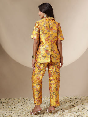Women Yellow Floral Blazer With Straight Pants