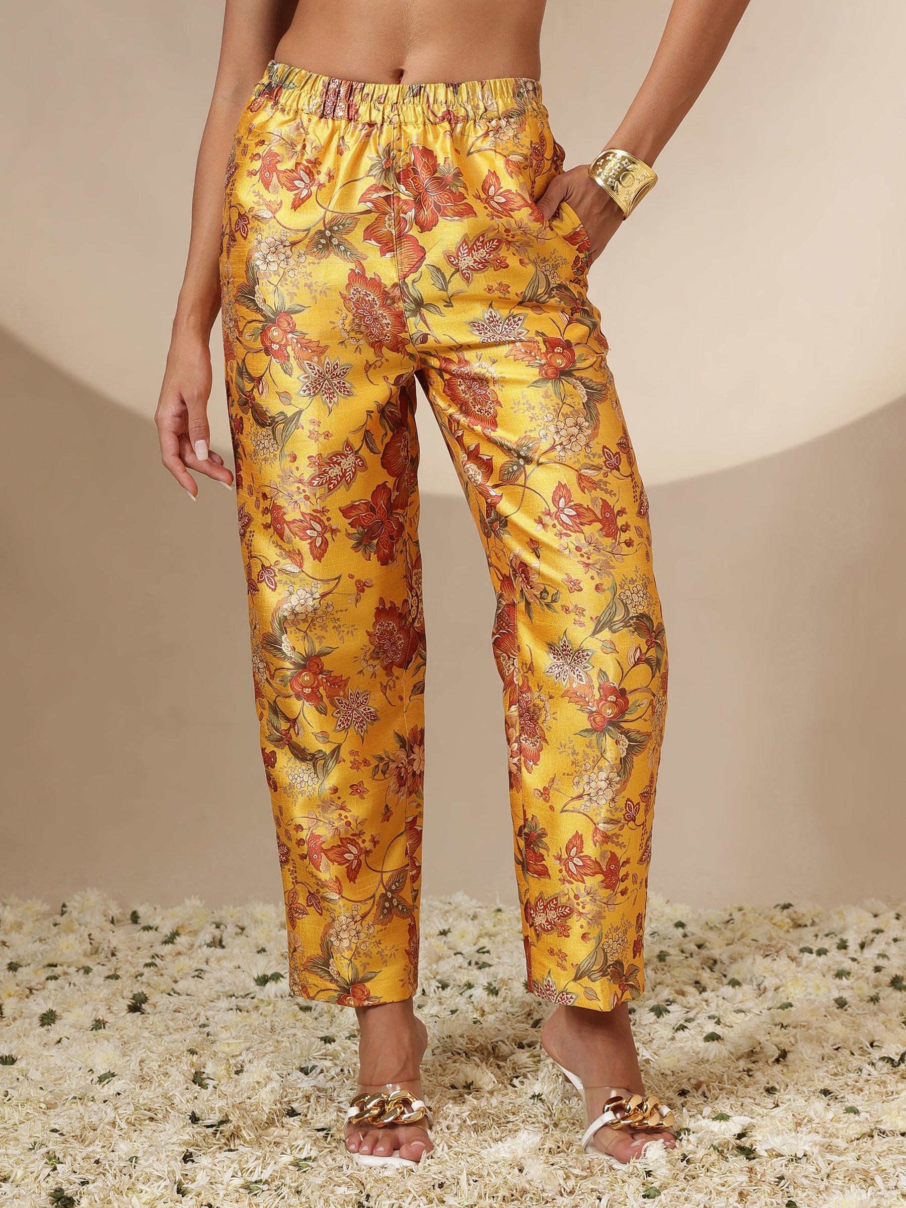 Women Yellow Floral Blazer With Straight Pants