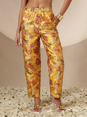 Women Yellow Floral Blazer With Straight Pants