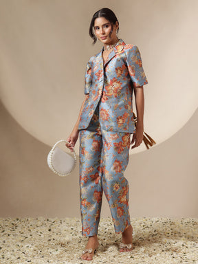 Grey Floral Blazer With Straight Pants-Shae by SASSAFRAS
