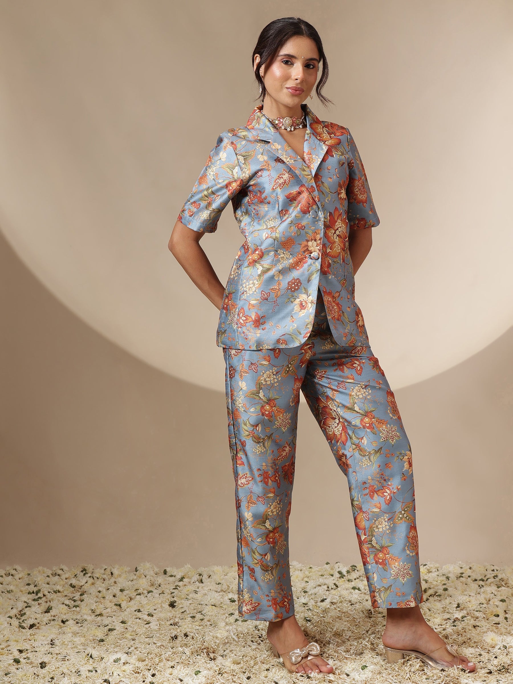 Grey Floral Blazer With Straight Pants-Shae by SASSAFRAS