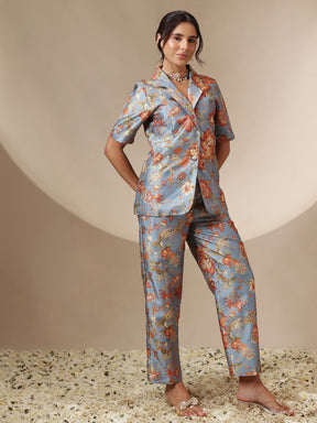 Grey Floral Blazer With Straight Pants-Shae by SASSAFRAS