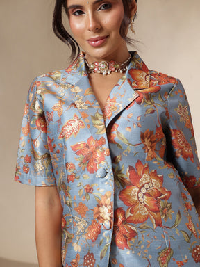 Grey Floral Blazer With Straight Pants-Shae by SASSAFRAS