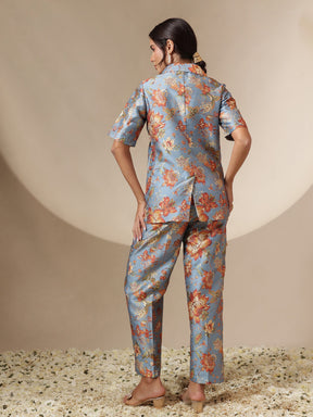 Women Grey Floral Blazer With Straight Pants