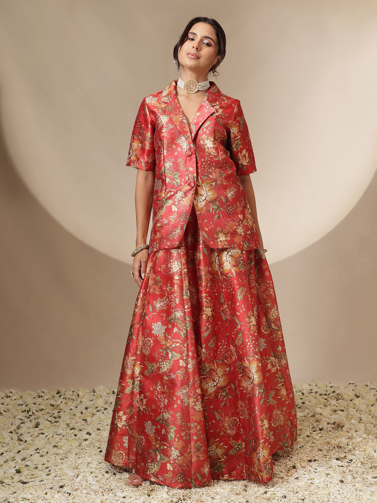 Maroon Floral Anarkali Skirt With Blazer-Shae by SASSAFRAS