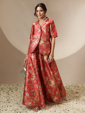 Maroon Floral Anarkali Skirt With Blazer-Shae by SASSAFRAS