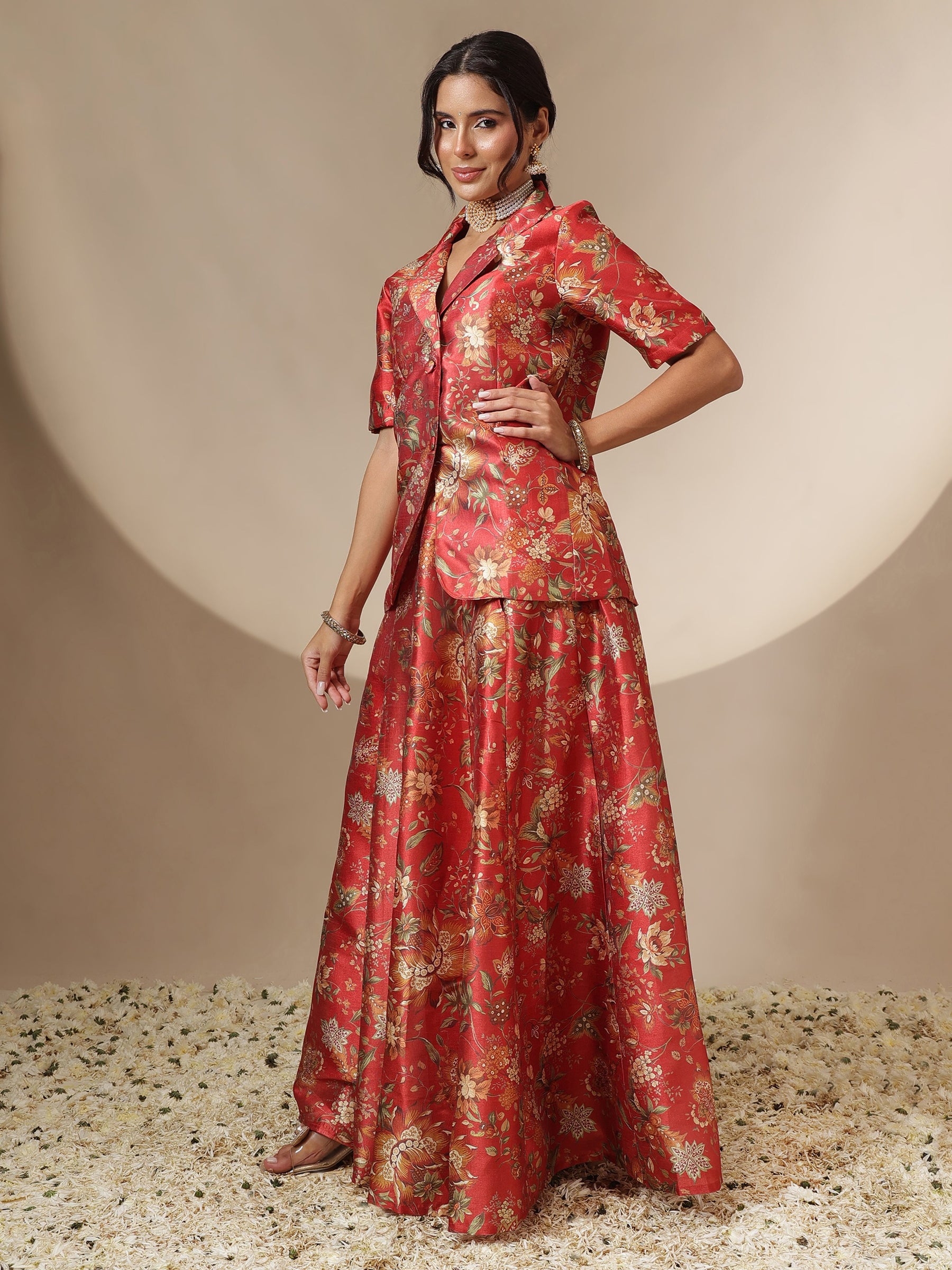 Maroon Floral Anarkali Skirt With Blazer-Shae by SASSAFRAS