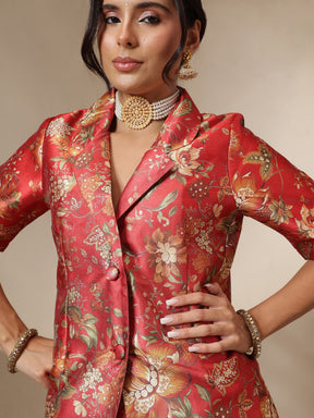 Maroon Floral Anarkali Skirt With Blazer-Shae by SASSAFRAS