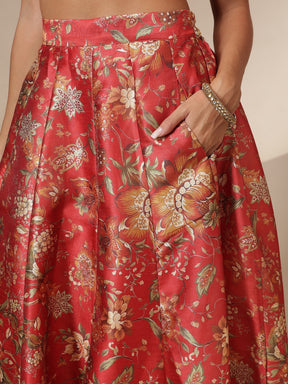 Maroon Floral Anarkali Skirt With Blazer-Shae by SASSAFRAS