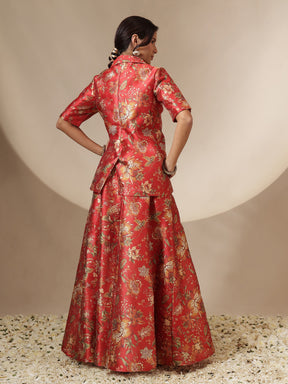 Women Maroon Floral Anarkali Skirt With Blazer