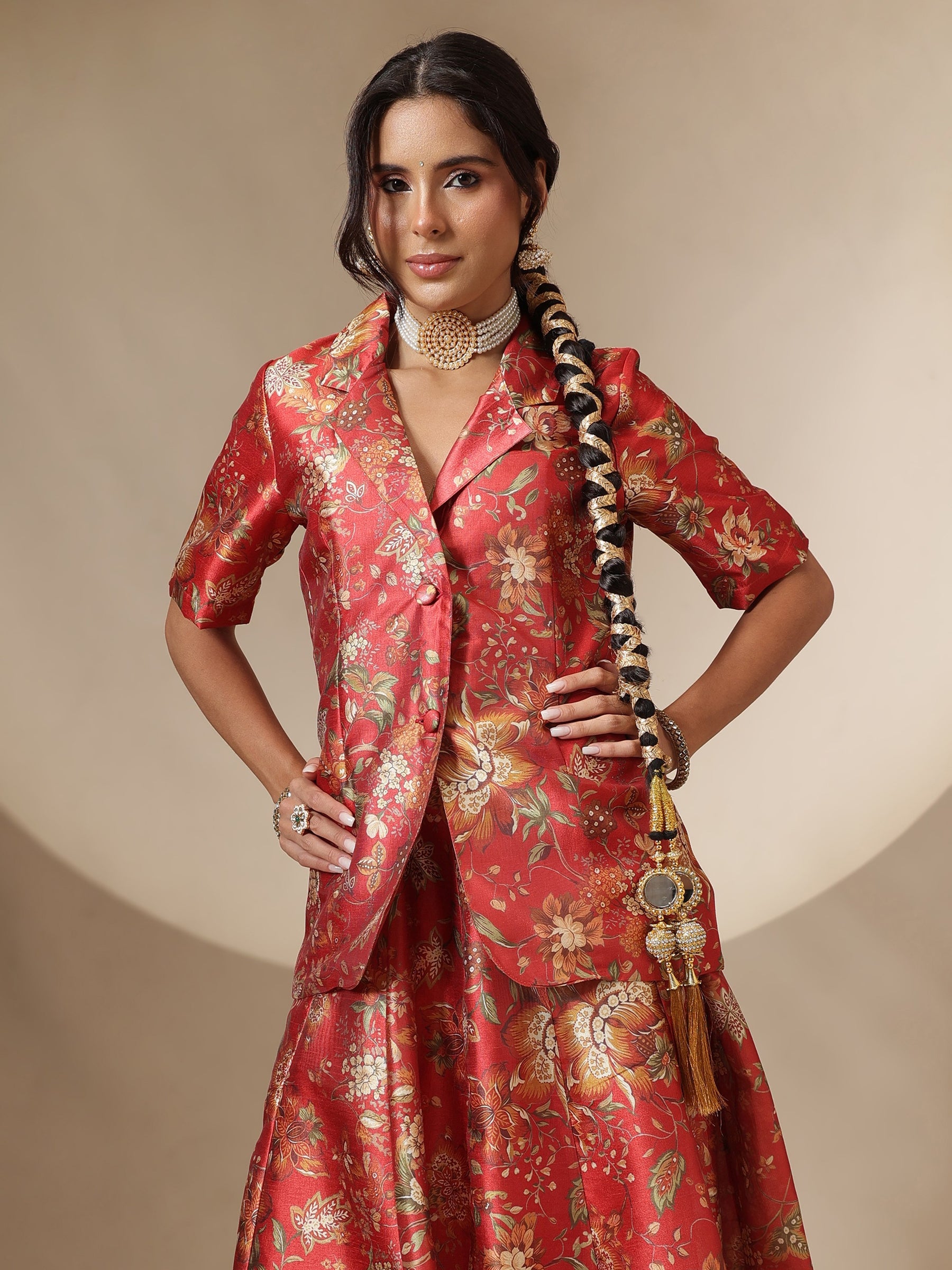 Women Maroon Floral Anarkali Skirt With Blazer
