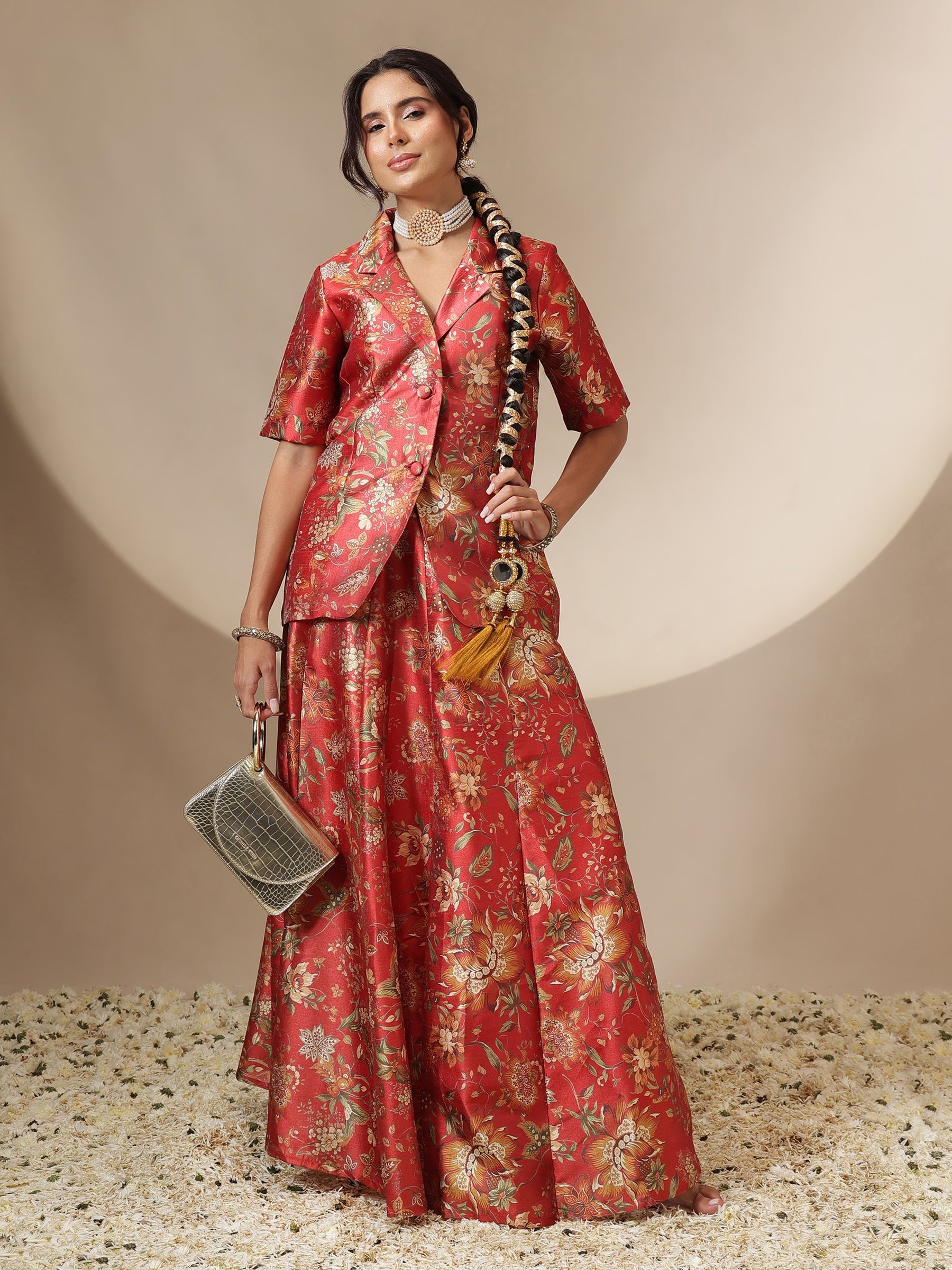Women Maroon Floral Anarkali Skirt With Blazer