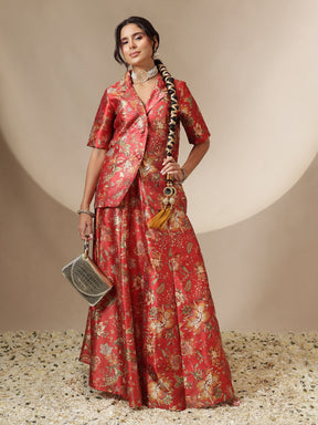 Women Maroon Floral Anarkali Skirt With Blazer