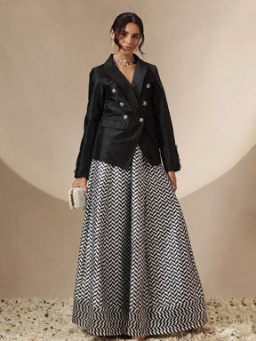 Black Double Breasted Blazer With Anarkali Skirt-Shae by SASSAFRAS