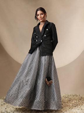 Black Double Breasted Blazer With Anarkali Skirt-Shae by SASSAFRAS