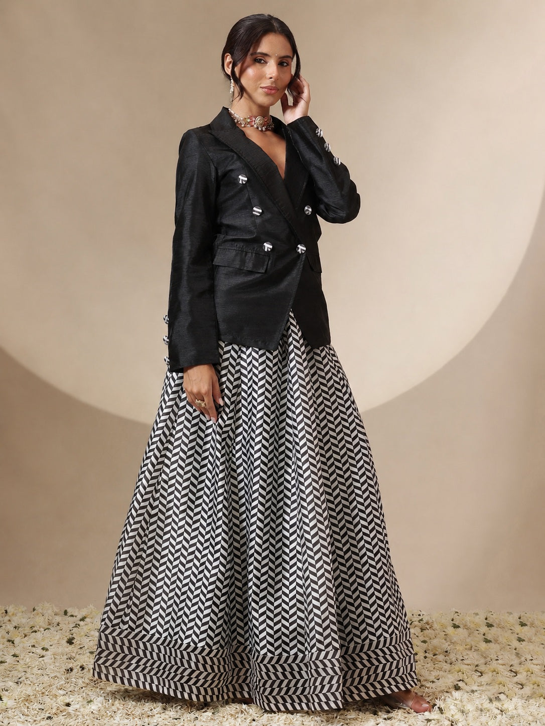 Black Double Breasted Blazer With Anarkali Skirt-Shae by SASSAFRAS