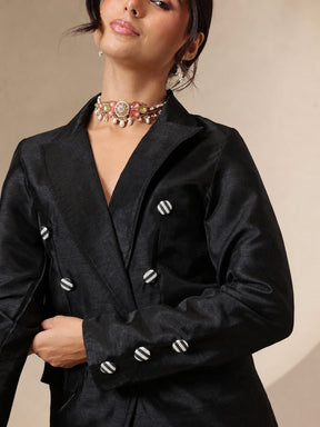 Black Double Breasted Blazer With Anarkali Skirt-Shae by SASSAFRAS