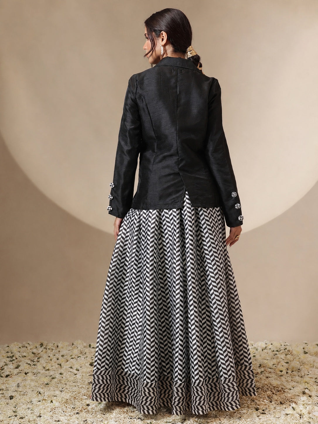 Women Black Double Breasted Blazer With Anarkali Skirt