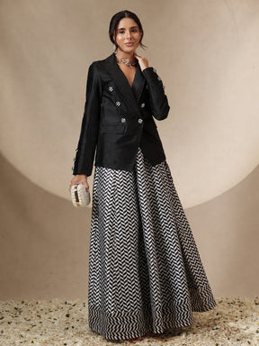 Women Black Double Breasted Blazer With Anarkali Skirt