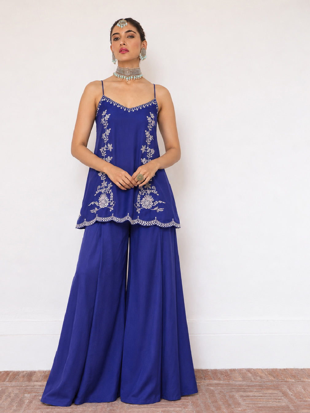 Blue Embroidered Strappy Top With Palazzos-Shae by SASSAFRAS