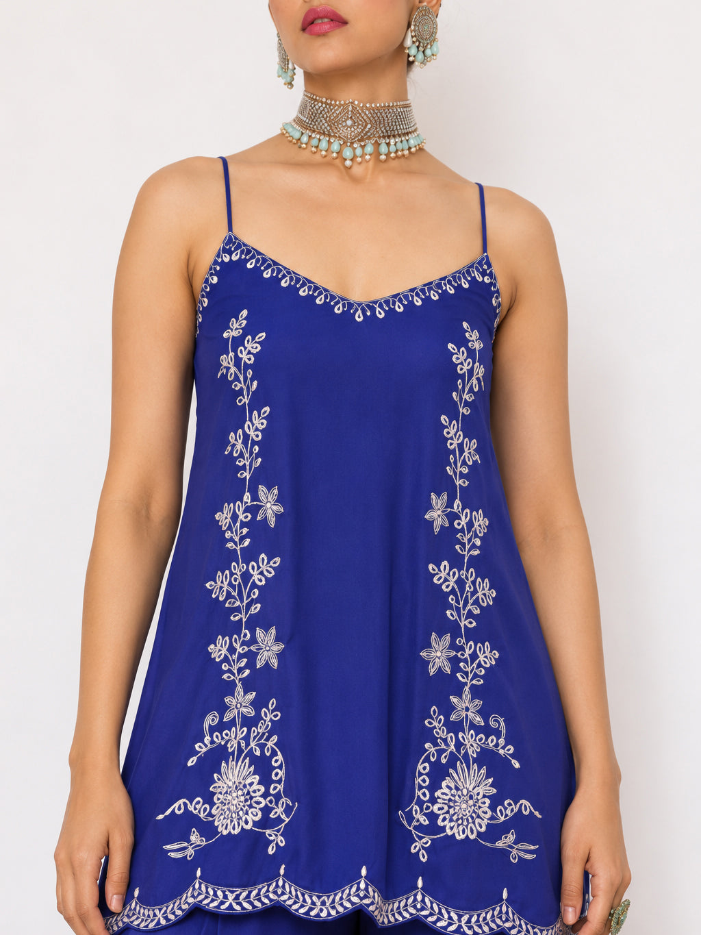 Blue Embroidered Strappy Top With Palazzos-Shae by SASSAFRAS