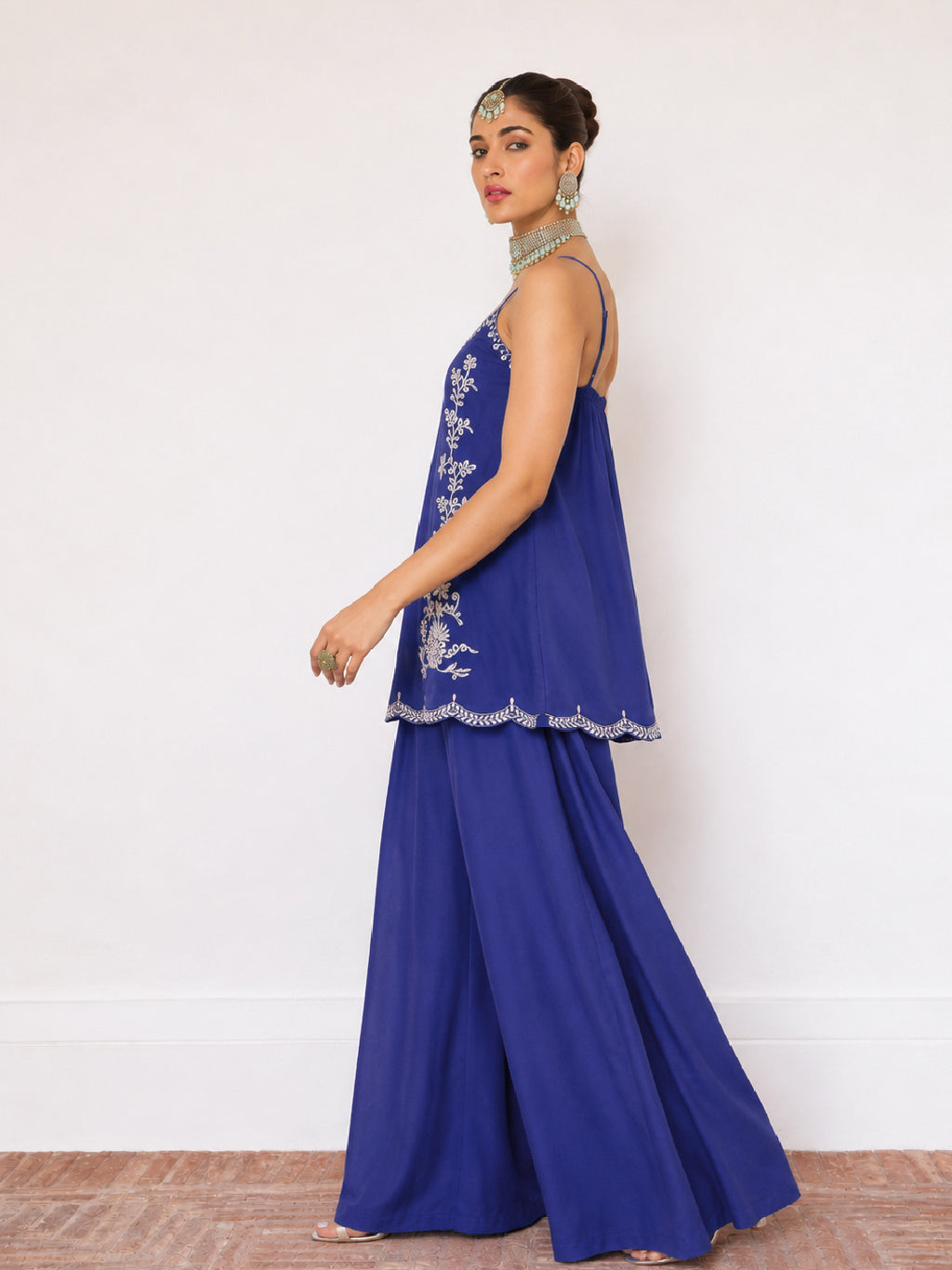 Blue Embroidered Strappy Top With Palazzos-Shae by SASSAFRAS