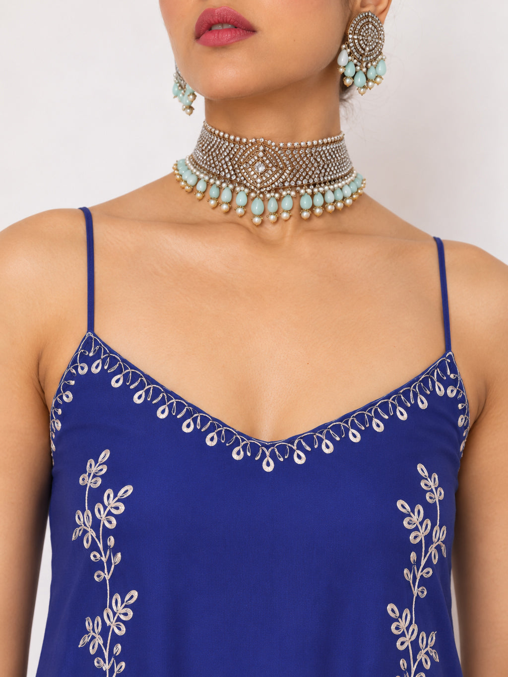 Blue Embroidered Strappy Top With Palazzos-Shae by SASSAFRAS