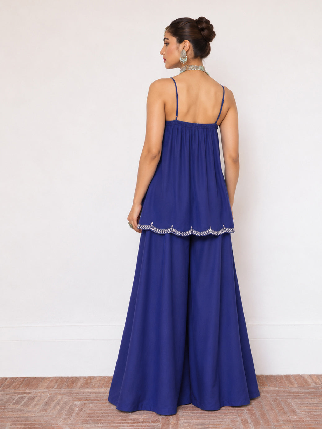 Blue Embroidered Strappy Top With Palazzos-Shae by SASSAFRAS