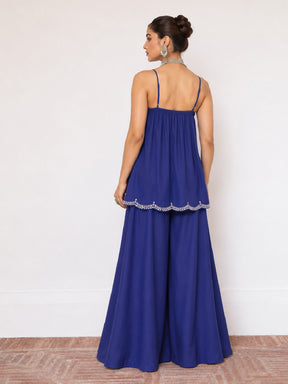 Blue Embroidered Strappy Top With Palazzos-Shae by SASSAFRAS