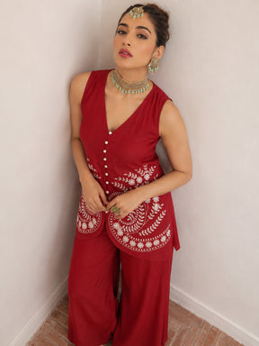 Red Embroidered Sleeveless Button Down Top With Palazzos-Shae by SASSAFRAS